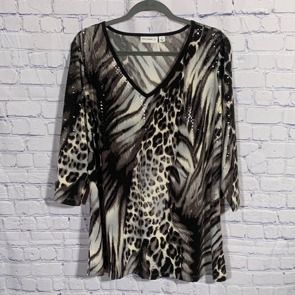 Susan Graver Womens Animal Print 3/4 Sleeve Top Black White Sz 1X Sequins V-Neck